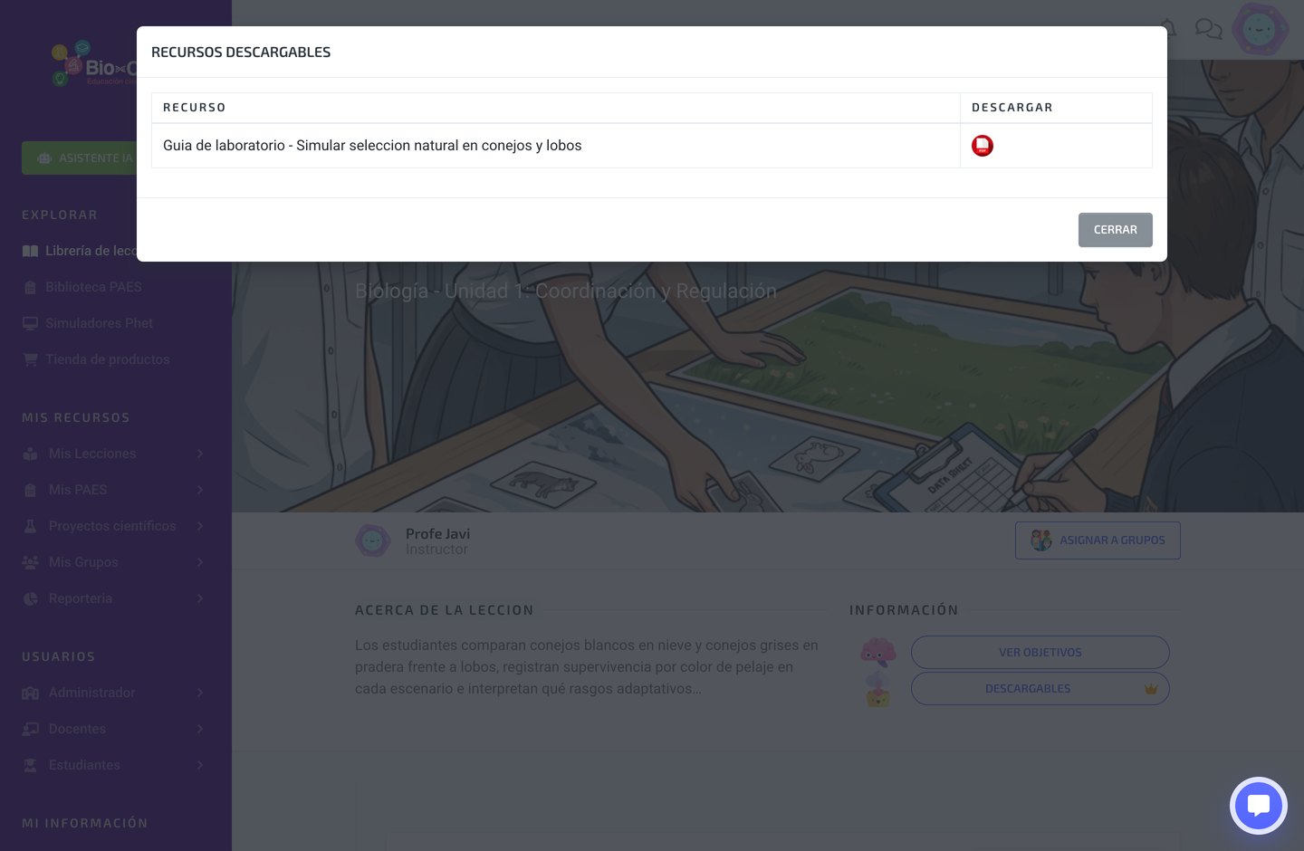 Modal de recursos descargables de la lección